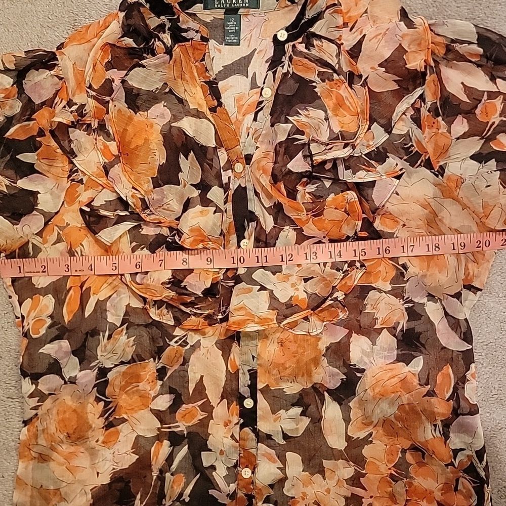 Ralph Lauren Floral Ruffle Blouse - Orange and Black Sz 12 - Picture 4 of 7
